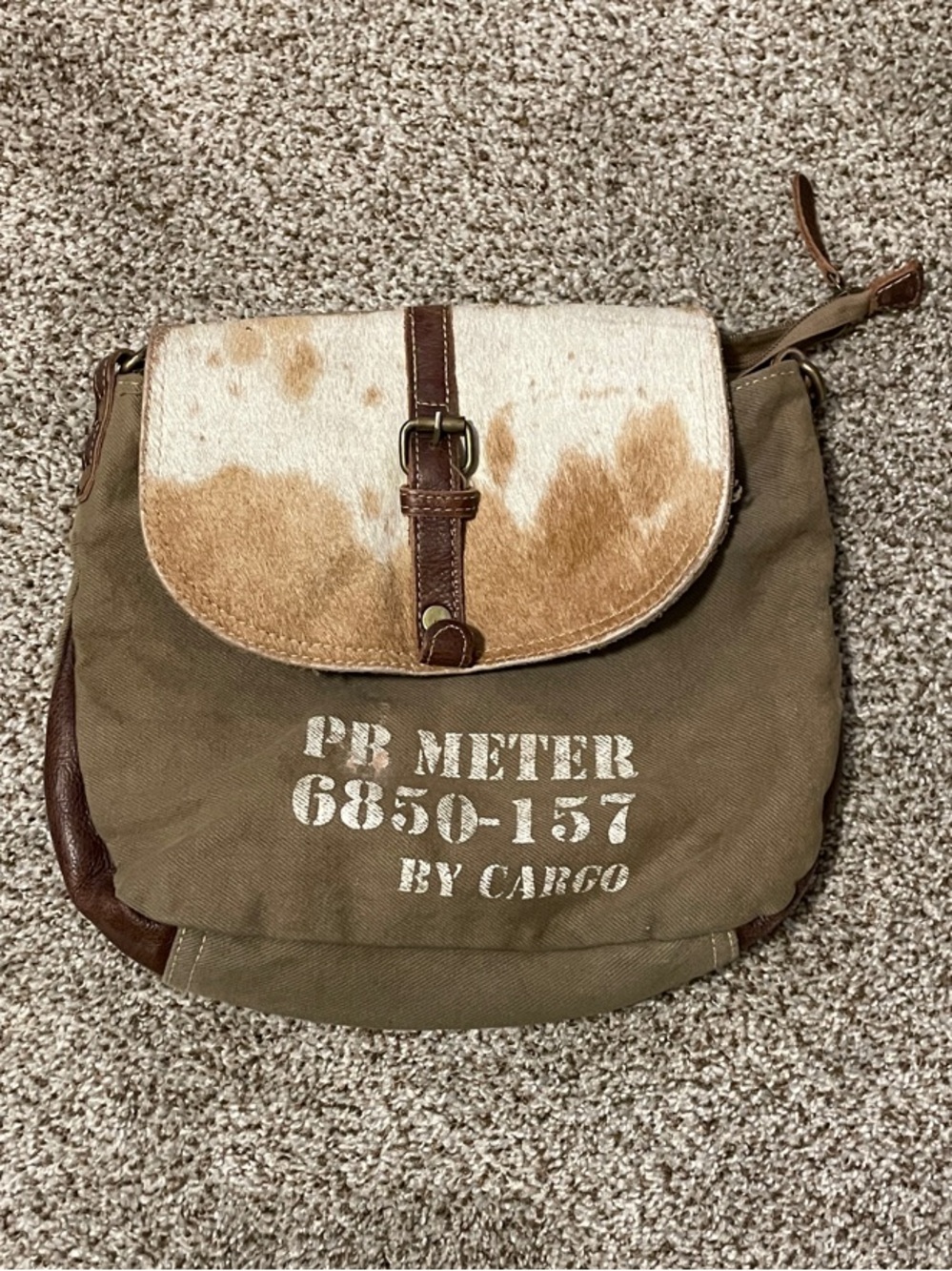 Myra Bag Olive Green Canvas Messenger with Brown Haircalf Flap